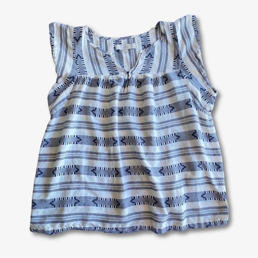 LOFT Women’s Blouse Cap Sleeve Shirt 100% Cotton White Dark Blue Size Medium GUC